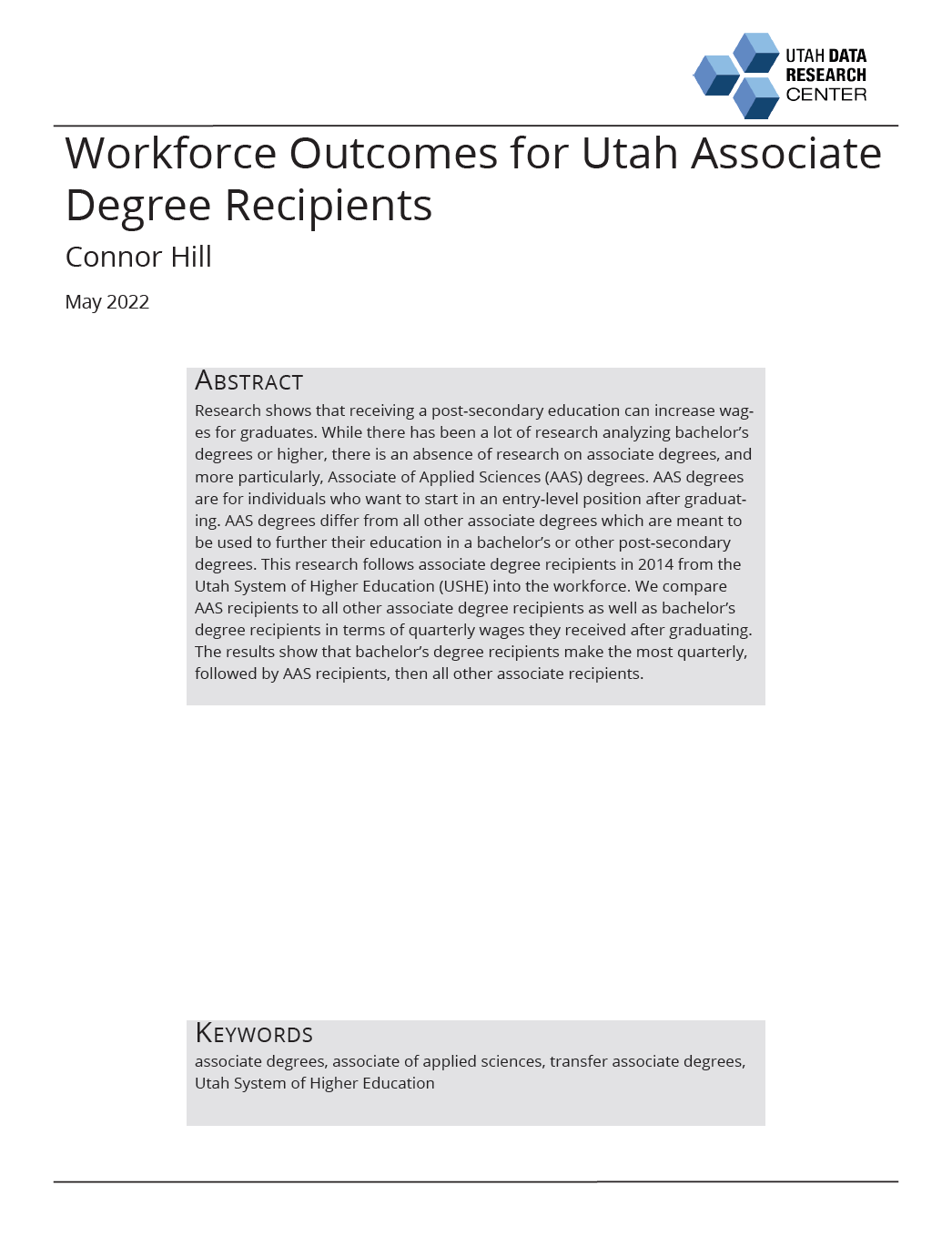 Workforce outcomes for Utah Associate Degree Receipients report cover
